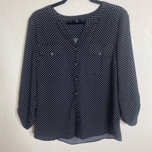 Fred David Black & White Polka Dot Button-Down Blouse Womens M Polyester Spandex